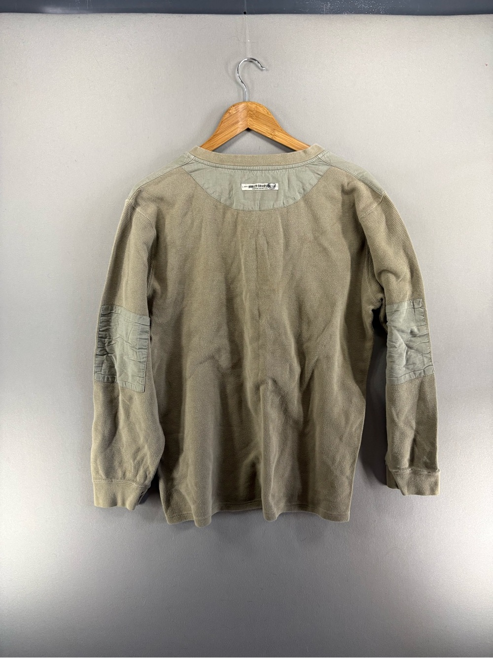 Harley Davidson Henley Shirt Mens Large Green Suede Patch Waffle Cotton - Picture 7 of 8